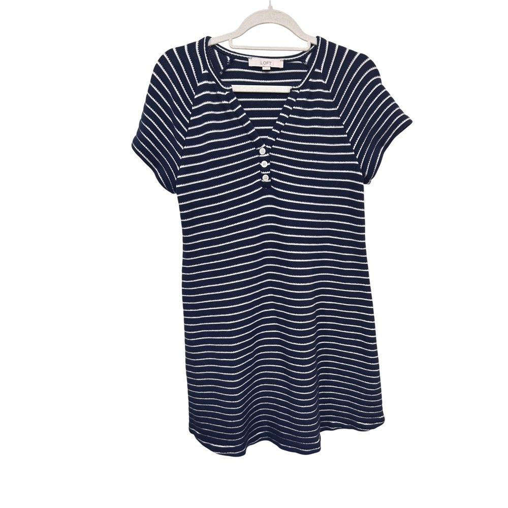 LOFT Womens Navy Blue Striped Cotton Short Sleeve Dress Nautical Coastal Medium